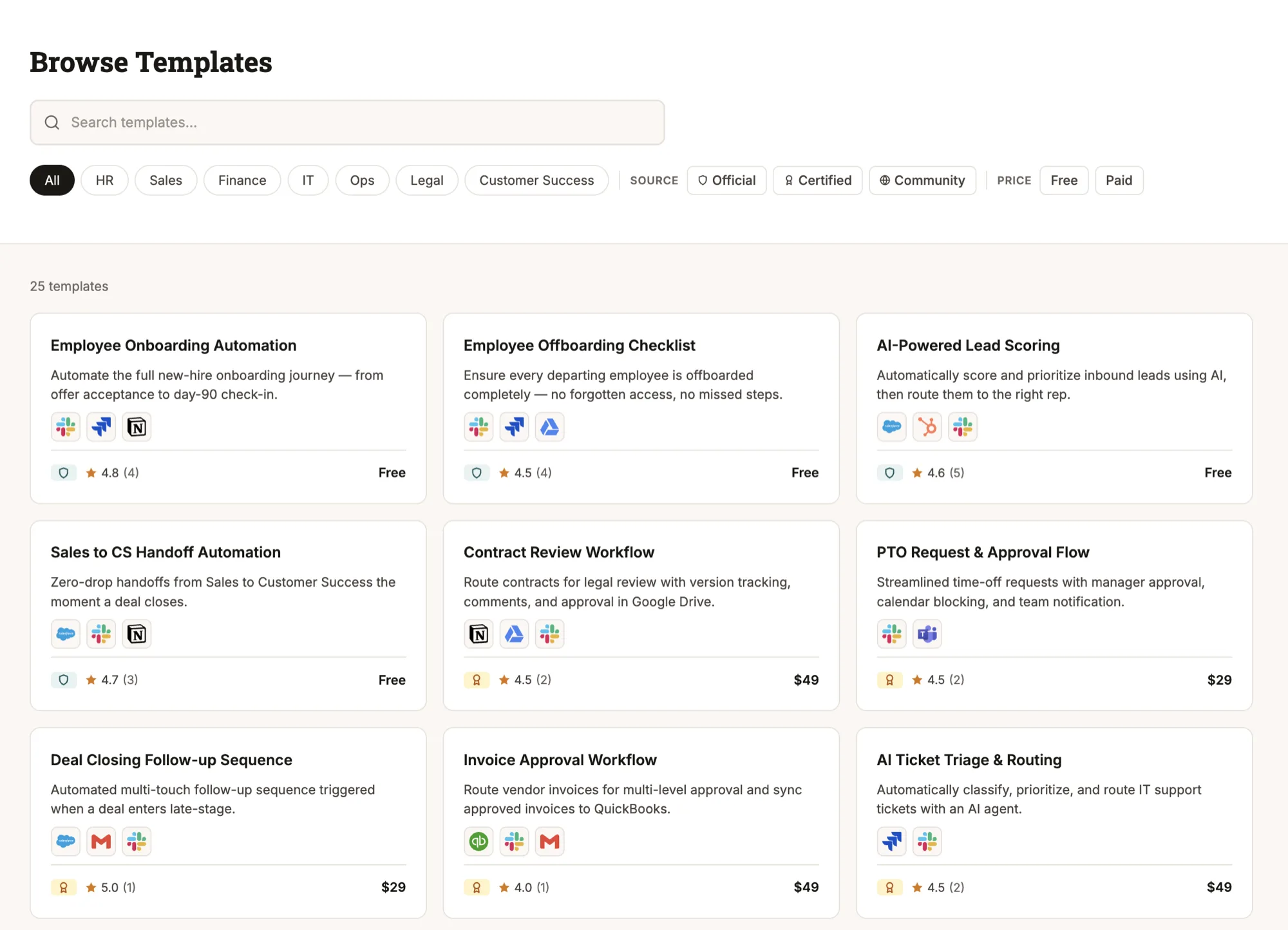 Screenshot of the Depot template marketplace, showing a searchable grid of workflow templates like Employee Onboarding Automation and AI-Powered Lead Scoring