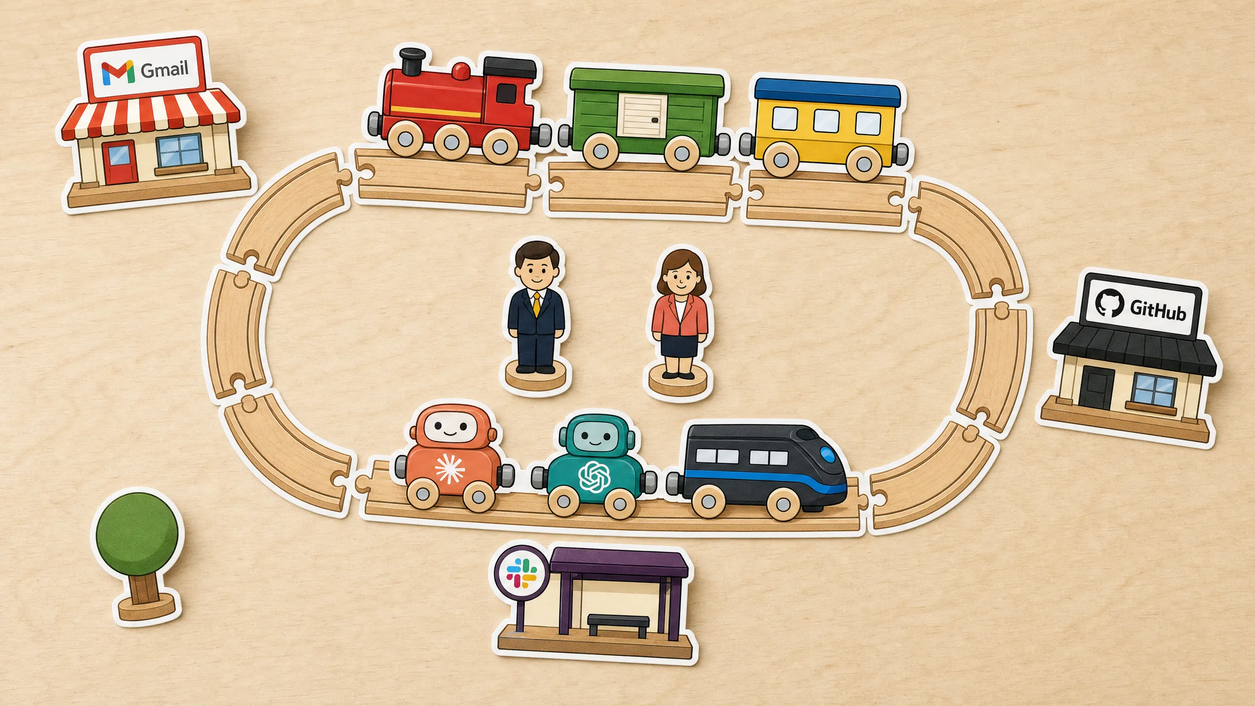 Two toy trains on a wooden track loop, connecting Gmail and other stations, with a business owner and AI agent carriages standing by